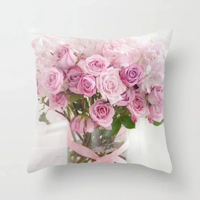 Home Decor Pink Roses and Love Pattern Pillow Cover Pattern Cushion Cover Suitable for Sofa Bedroom Car Pillow Cover