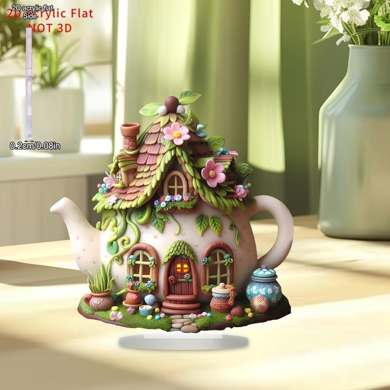 Decorazione Desktop Acrilica Piatta 2D, Incantevole Casa Teiera, con Base, Adatta per Decorazione Murale, Portico, Stanza, Villa, Accenti Casa, Corridoio, o Lavoro