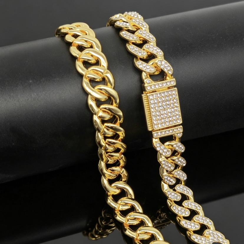 13MM Classic Half-Diamond Flip-Top Full-Diamond Cuban Link European & American Hip Hop Jewelry Unisex Bracelet Necklace