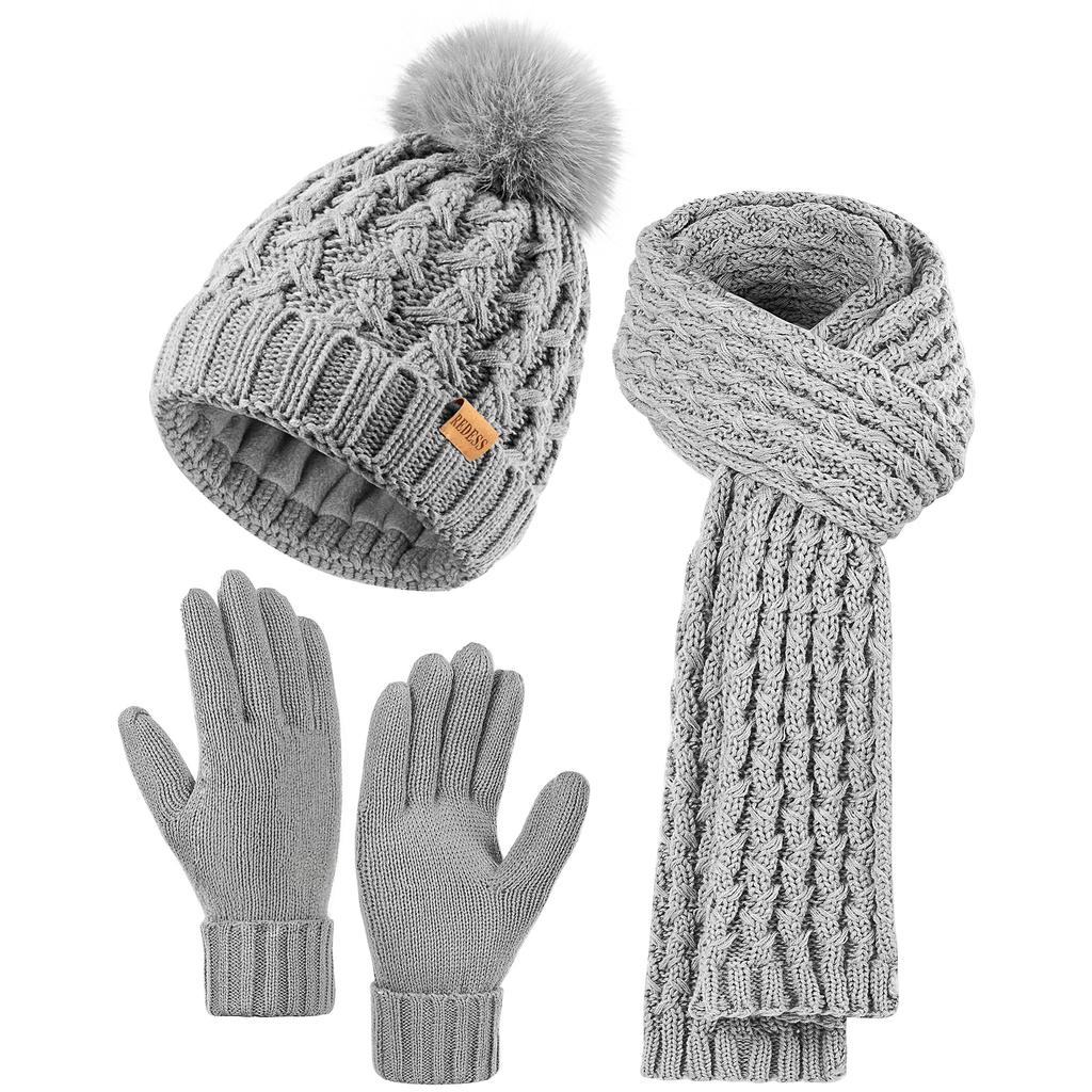 Winter women's knitted wool ball cap, thick long scarf, elastic gloves, three-piece set, casual and warm, suitable for winter