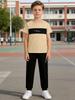 Jungenkleidung Größe 8-14 Jahre Gelbes Kurzarm-T-Shirt & Schwarze Lange Hose 2-teiliges Set Lässige Jungen Frühling Sommer Outfits Set