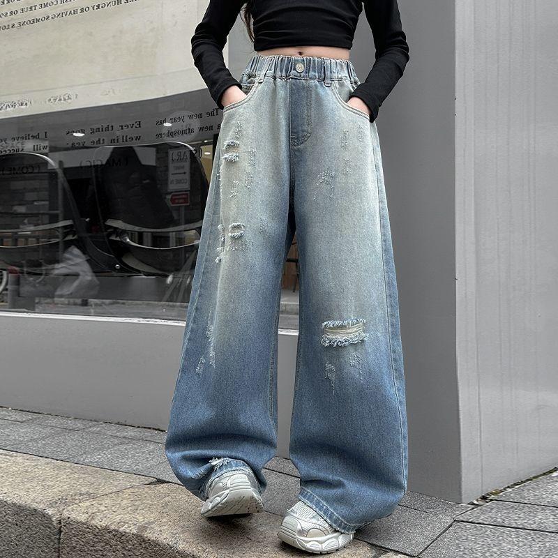 Girls' Fashionable Ripped Jeans for Summer and Fall; Children's Lightweight Straight-Leg Wide-Leg Pants