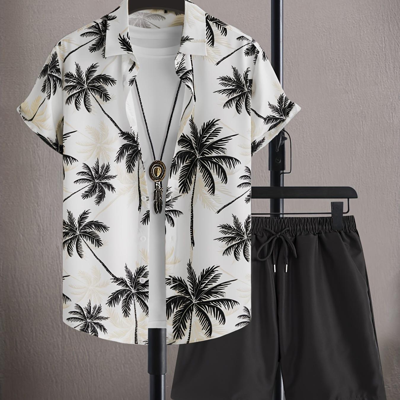 

Мужская рубашка с короткими рукавами и пляжные шорты с принтом кокосовой пальмы. Летний повседневный комплект из мужской рубашки и пляжных брюк. L