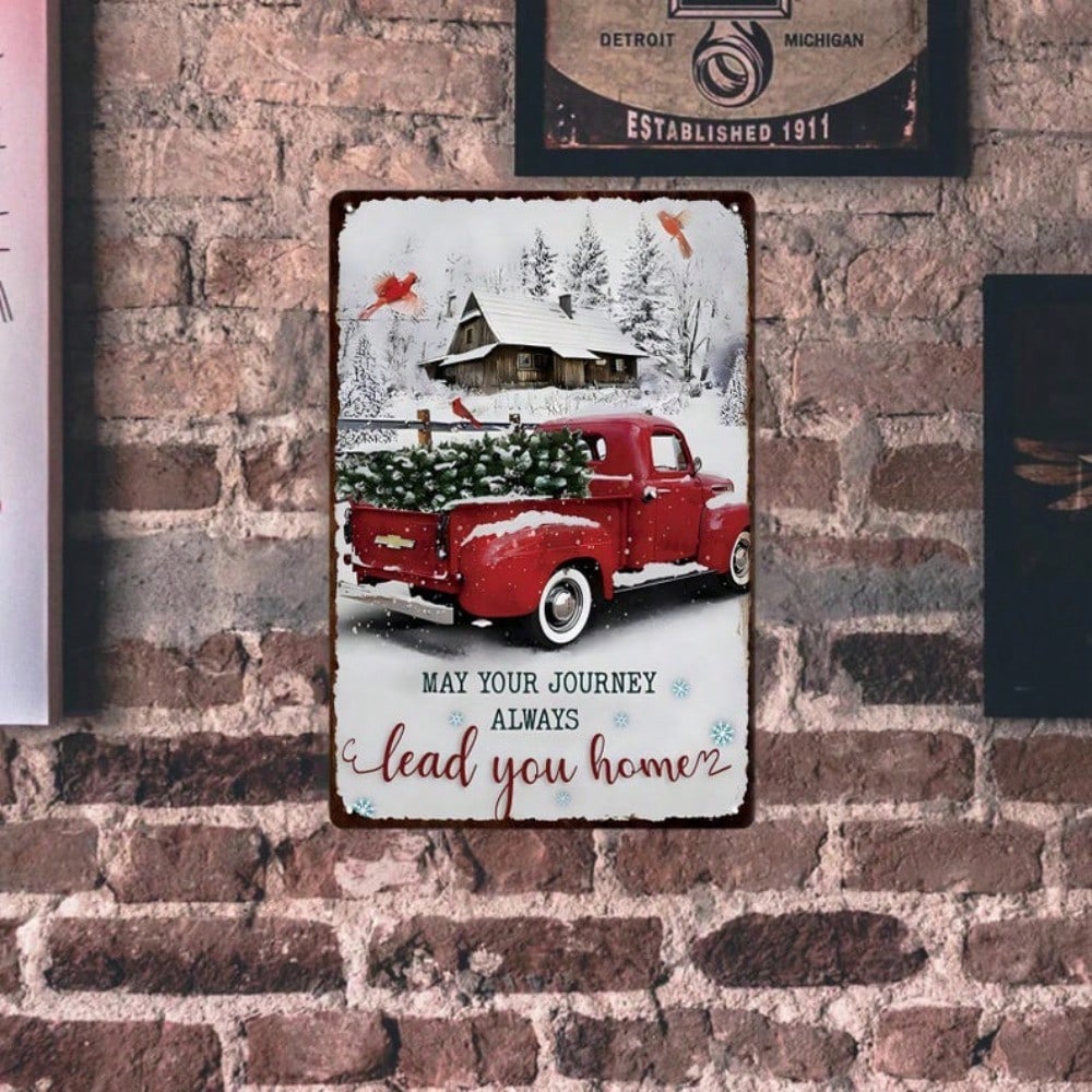 Retro Red Truck Christmas Tin Sign Vintage Farmhouse Wall Art Rustic Metal Decor Kitchen Bar Home Holiday