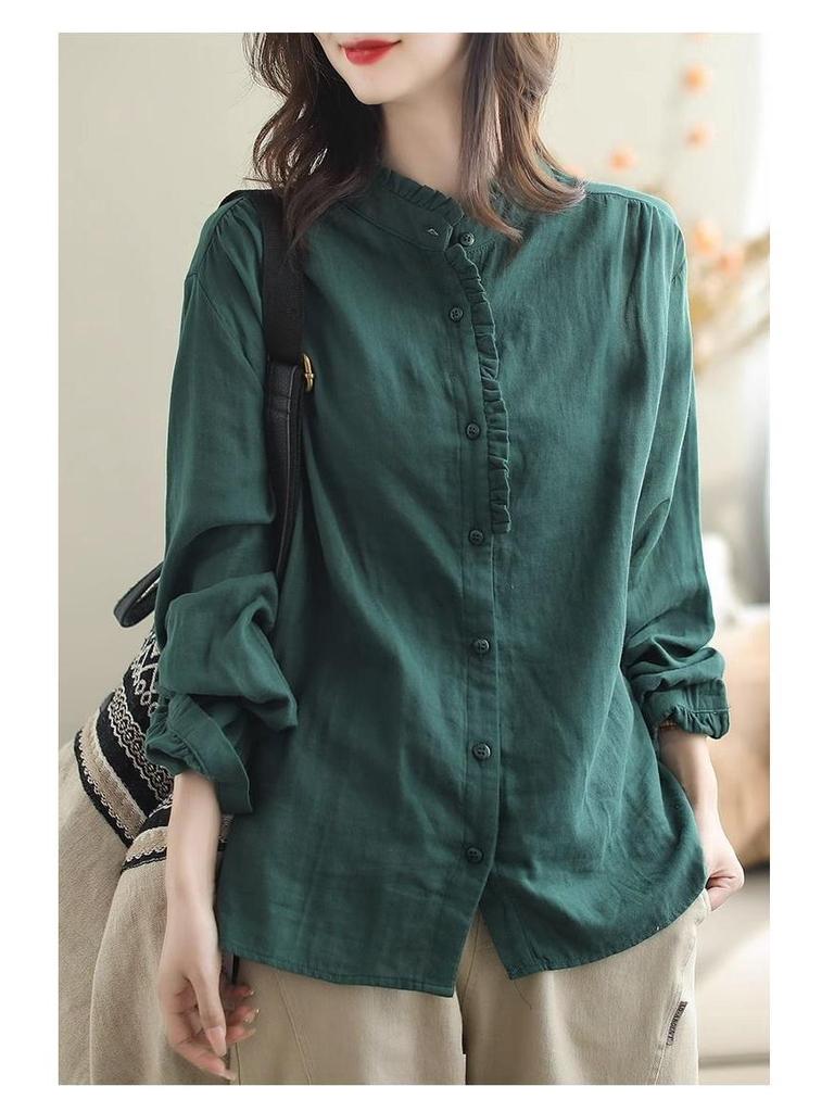 Women's Retro Cotton Linen Slimming Long Sleeve Shirt - Solid Color, Loose Fit for Spring & Autumn.