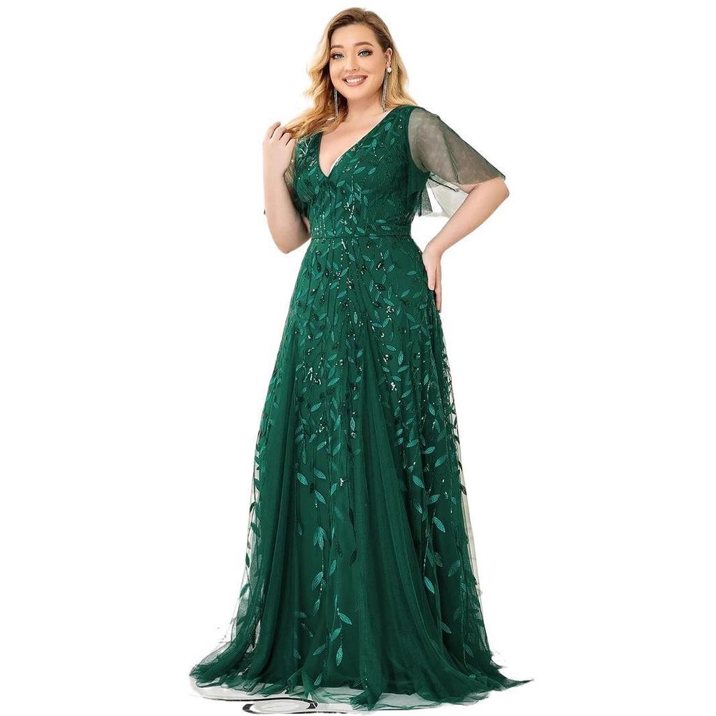 2026 Summer European & American V-neck Patchwork Mesh Evening Gowns for Banquets & Performances
