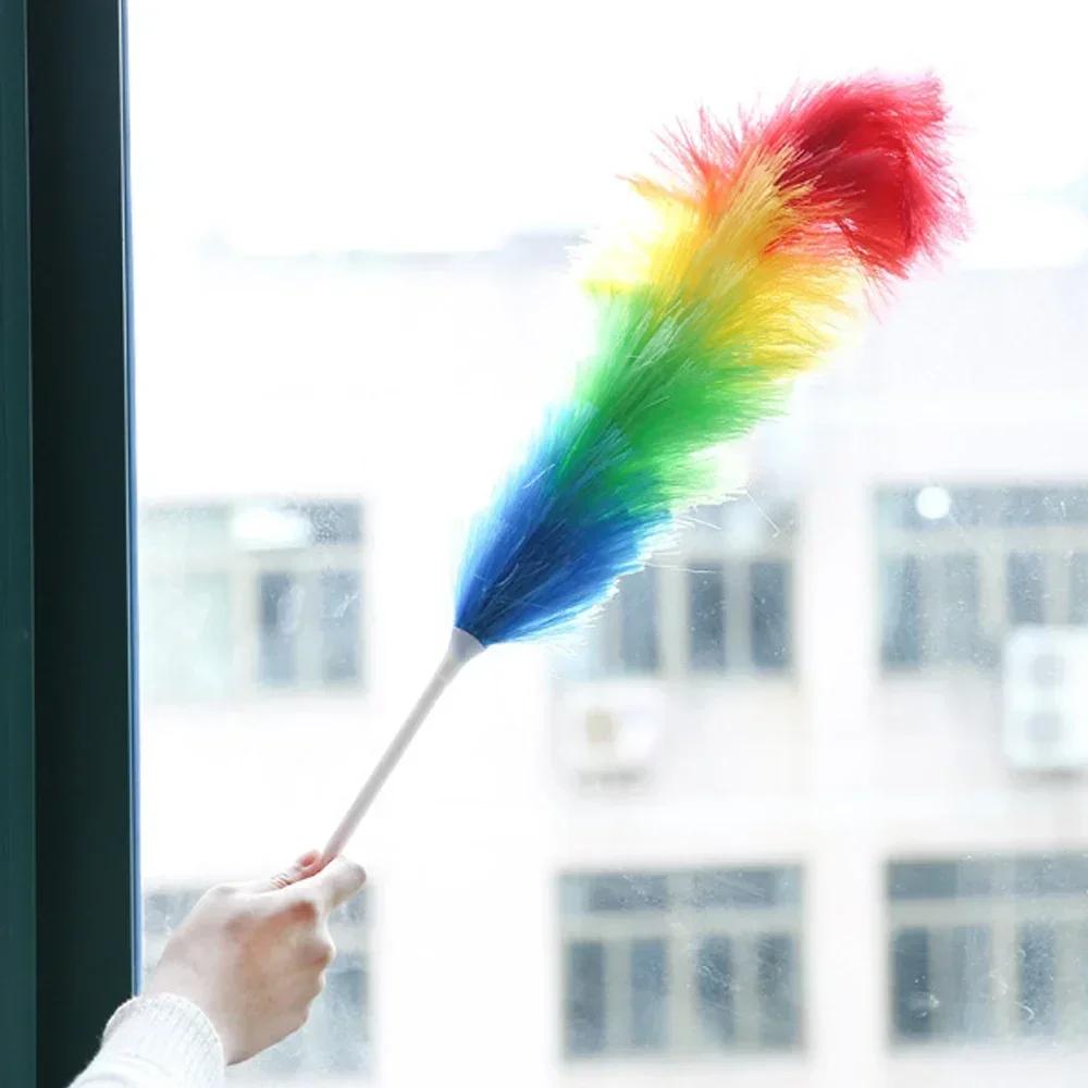 1pcs Household Rainbow Dust Duster Practical Plastic Feather Duster Telescopic Handle Sweeping Brush Cleaning Product Tool