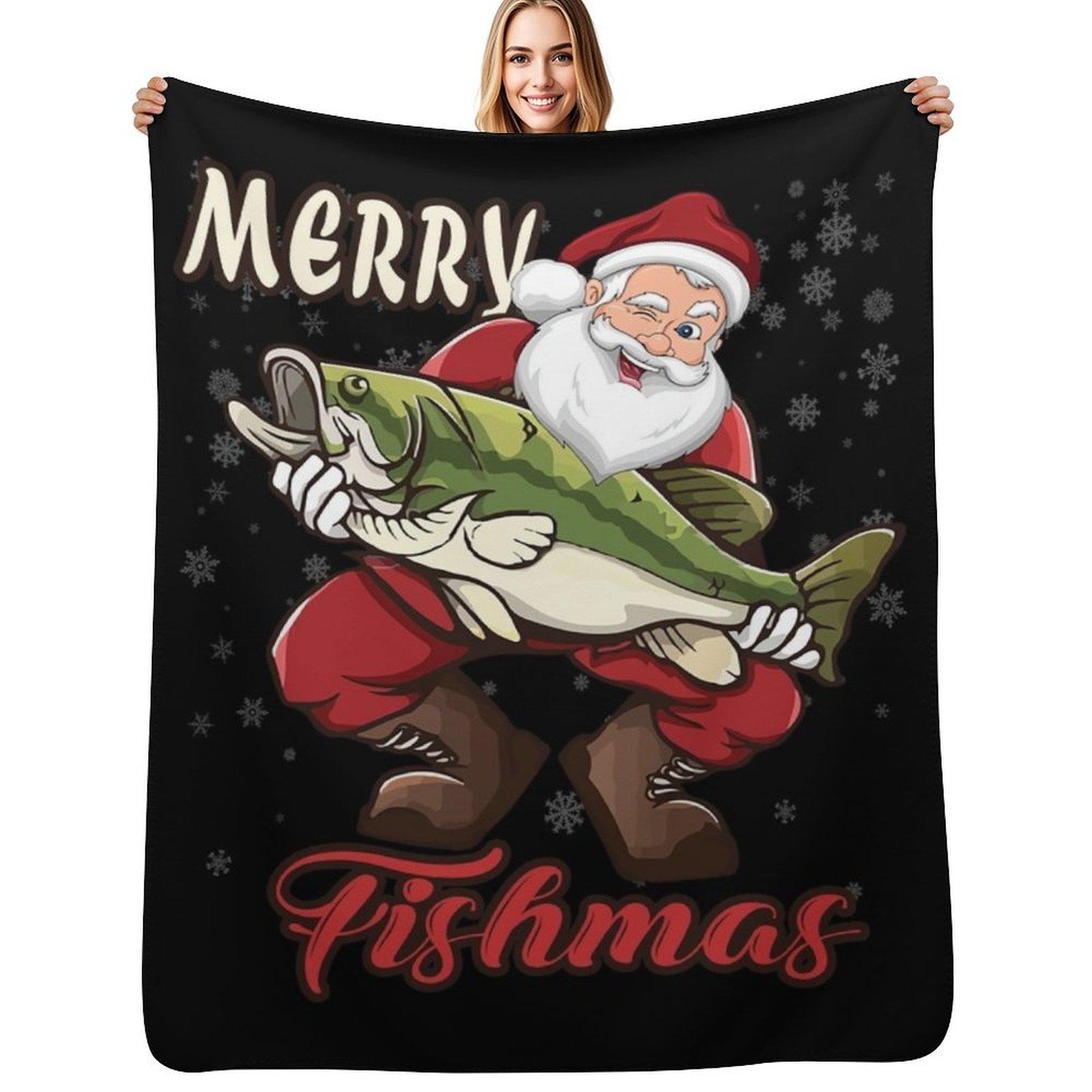 Merry Fishmas Funny Bass Fish Fishing Christmas Santa Xmas Xmas Holiday Xmas Gift Idea Throw Blanket 102x76cm(40x30in)