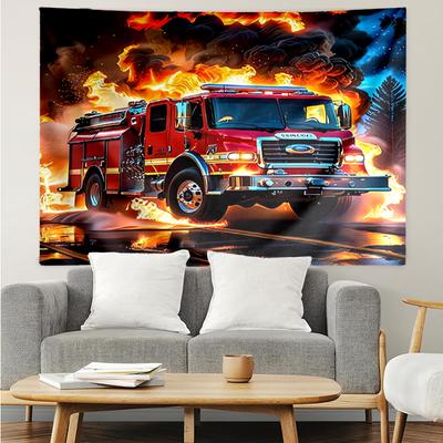 Fire-truck Print Tapestry, Backdrop, Easy Setup, Ideal for Bedroom, Office & Living Room, with Aesthetic Wall Hanging Decor.