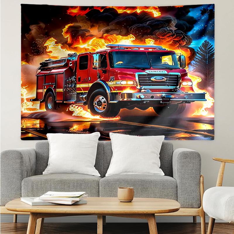 fire-truck Print Tapestry, Backdrop, Easy Setup, Ideal for Bedroom, Office & Living Room, with Aesthetic Wall Hanging Decor.