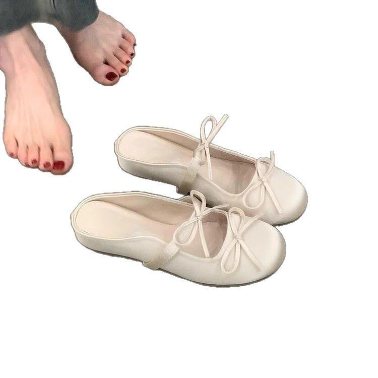 Suding Home, Inner Height Increase Purple Baotou Half Slippers Women's New Spring and Summer 2025 Double Bow Mary Jane Shoes