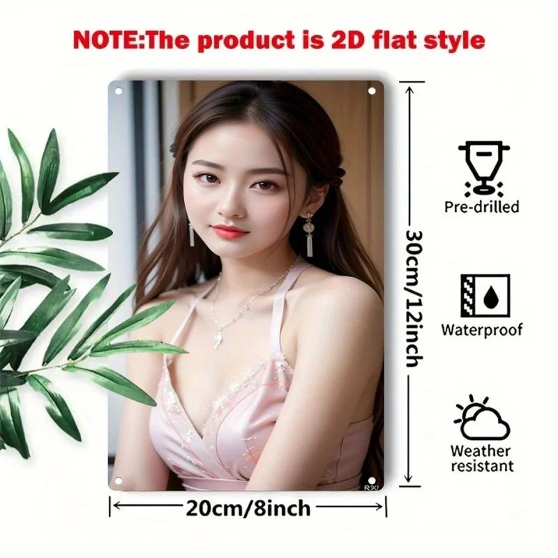 Retro Tin Poster Wall DecorMetal Poster - Elegant Female Face & Pastel Pink Blush Art - Korean-Style Minimalis