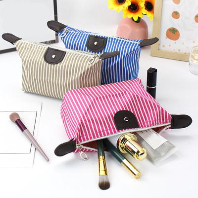 Waterproof Toiletry Organizer - Foldable Nylon Travel Cosmetic Bag with Multiple Compartments, Compact Striped Carrying Case