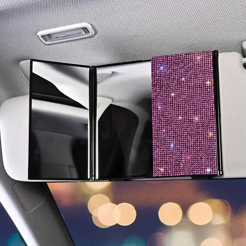 Rhinestone Crystal Car Rear View Mirror Makeup and Magnification Three-mirror Sun Visor Decor Cosmetic Mirror Auto Accessories Interior Mirrors6