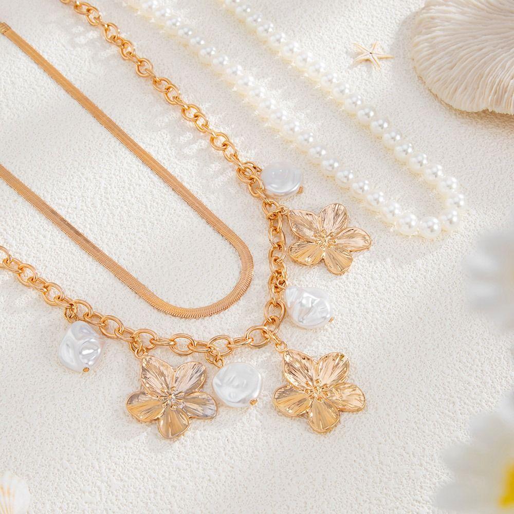 Flower Imitation Pearl Snake Chain Choker Multilayer Clavicle Chain Flower Pendant Necklace  Women