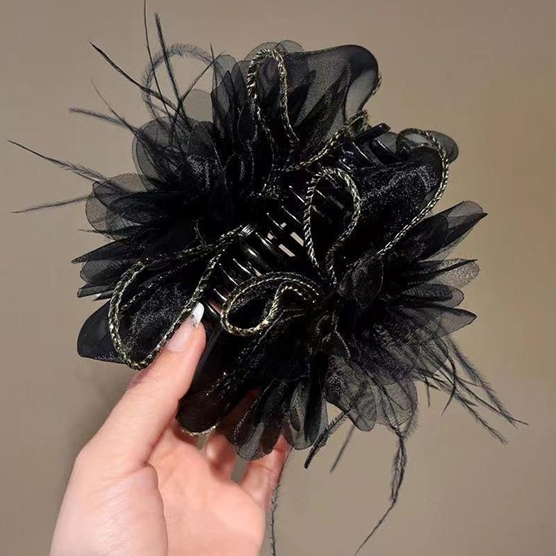 Korean Mesh Feather Clip Hairpin Large Hair Clip Black Fluffy Fur Hair Claw Shark Clip Ponytail Clips Hair Accessories