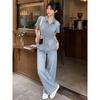 French Retro Denim Suit Women's Summer Thin Polo Collar Short-sleeved Top High Waist Wide-leg Pants Two-piece Set Looks Thin