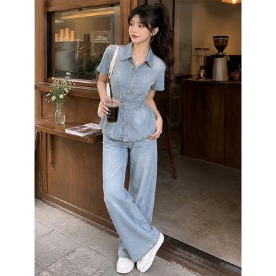 French Retro Denim Suit Women's Summer Thin Polo Collar Short-sleeved Top High Waist Wide-leg Pants Two-piece Set Looks Thin