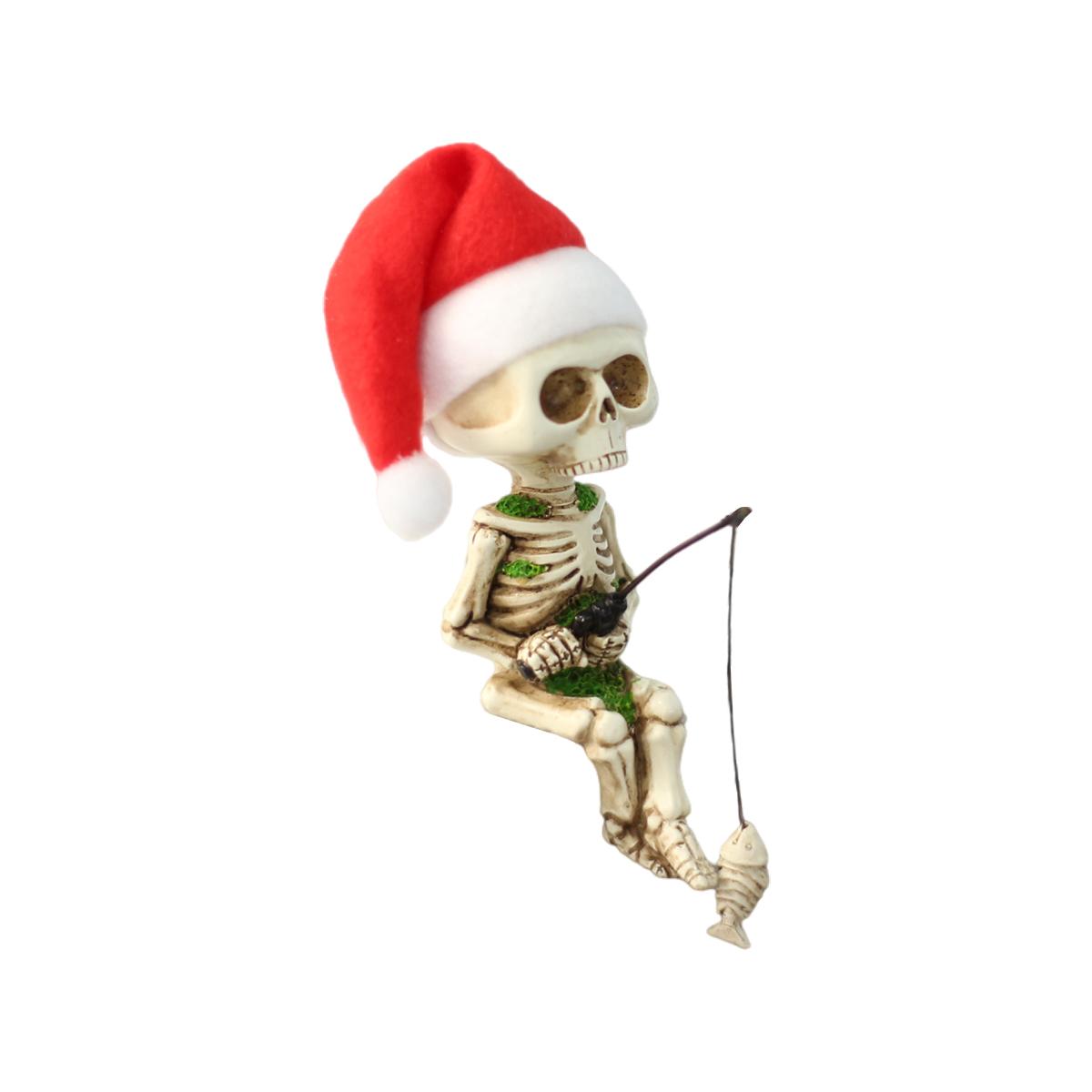 

1 fishing skeleton wearing a Christmas hat, creative Christmas/Halloween gift, hand-painted resin crafts