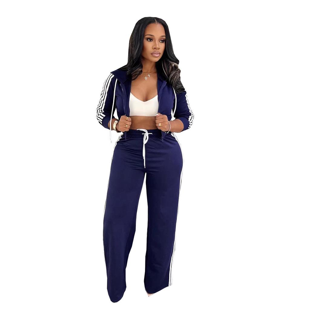 TW802 Women's Autumn/Winter Striped Hooded Cardigan & Straight-Leg Trousers Set