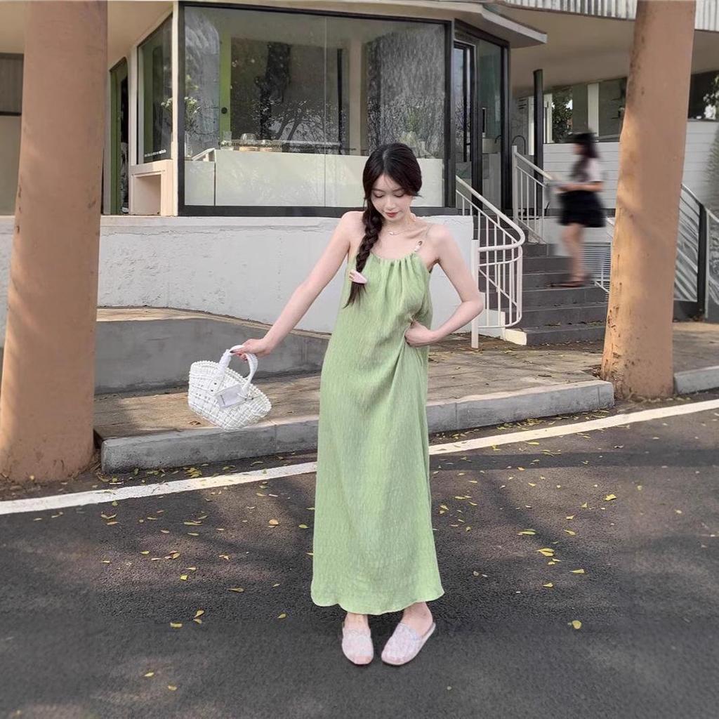 2024 Summer Women's Loose Slimming Green Spaghetti Strap Mid-Length Dress