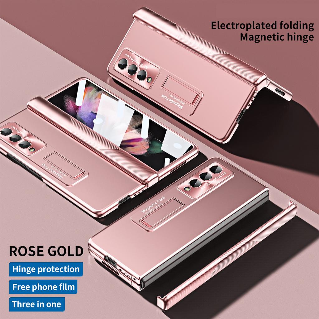 Magnetic Hinge Bracket Case For Samsung Galaxy Z Fold 4 3 5G Cover With Electroplated Lens Film Case For Galaxy Z Fold4 Fold3