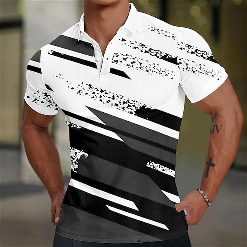 Summer Men's New Short Sleeved Lapel Button Striped 3D Printed Casual Top POLO Shirt