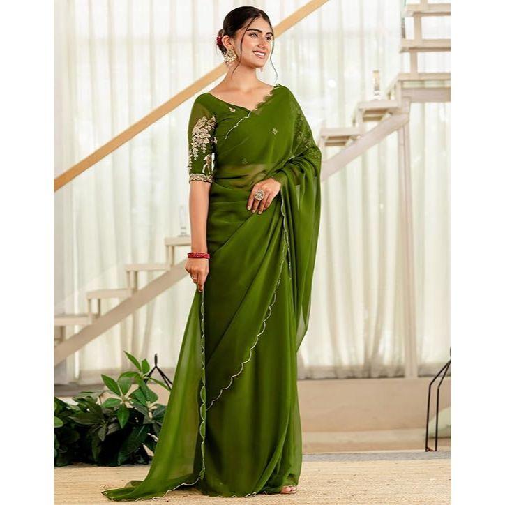 Saree Georgette pentru Femei cu Bord Scalloped și Bluză Neconfecționată