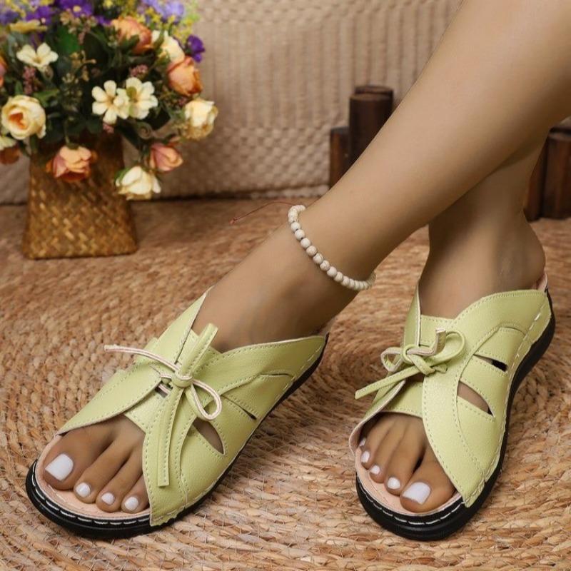 Women's New Summer Wedge Fish-Mouth Slipper Solid Color Plus Size Bow Trim Roman Sandal