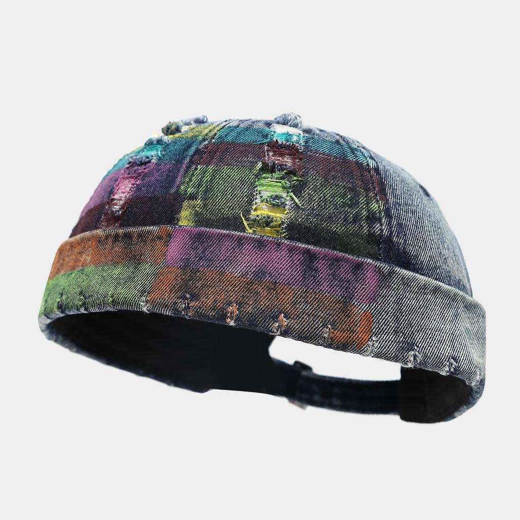 Denim Docker-Kappe ohne Schirm Riss-Stil Loch Schirmlose Kappen Verstellbar Bunte Linien Hüte Unisex Erwachsene Retro Hip Hop Straße