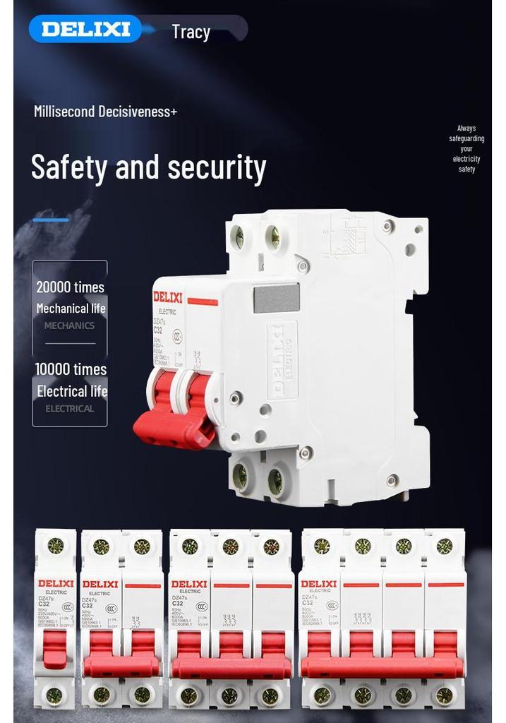 Delixi Air Circuit Breaker: 1P, 2P, 3P, 4P Options for Household and Three-Phase Systems (25A, 32A, 40A, 63A)