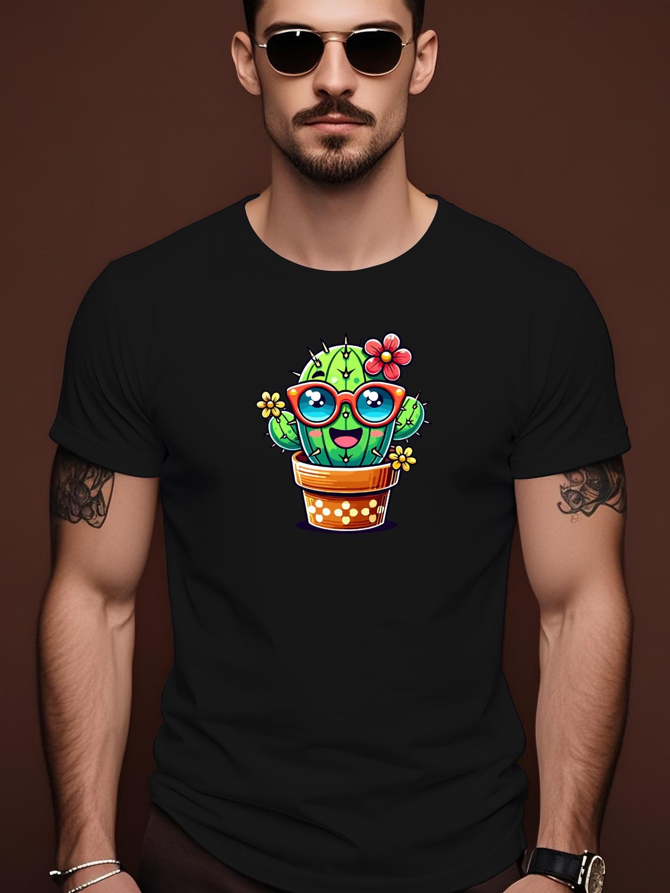 Summer Casual Short Sleeve Tshirt with Playful Cactus Gra... S