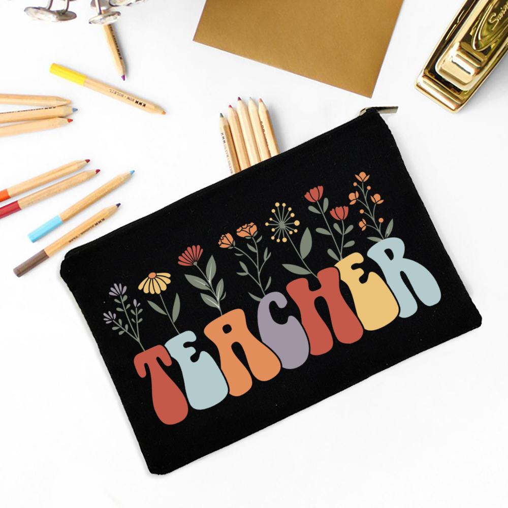 Teacher Flower Print Pencil Case Travel Makeup Bag School Stationery Supplies Storage Bags Wash Pouch Cosmetic Bags Teacher Gift