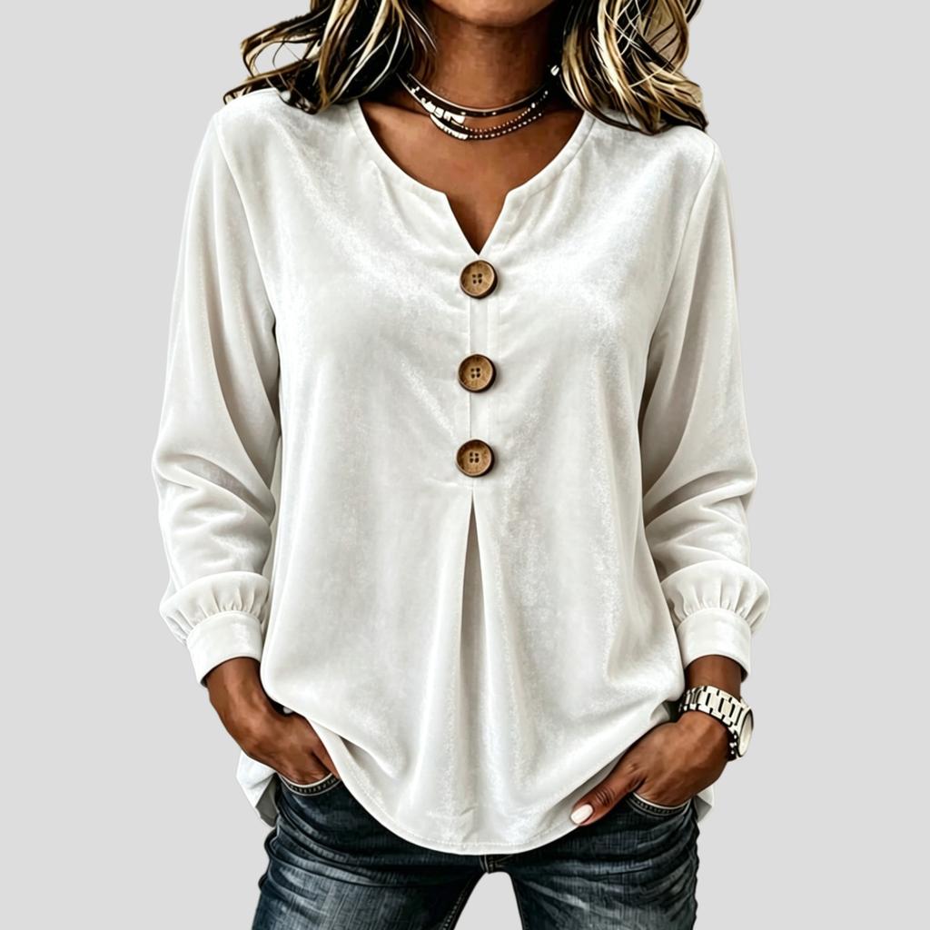 Women's Elegant V-Neck Velvet Blouse Buttoned Solid Color Long-Sleeve Soft Velvet T-Shirt Top