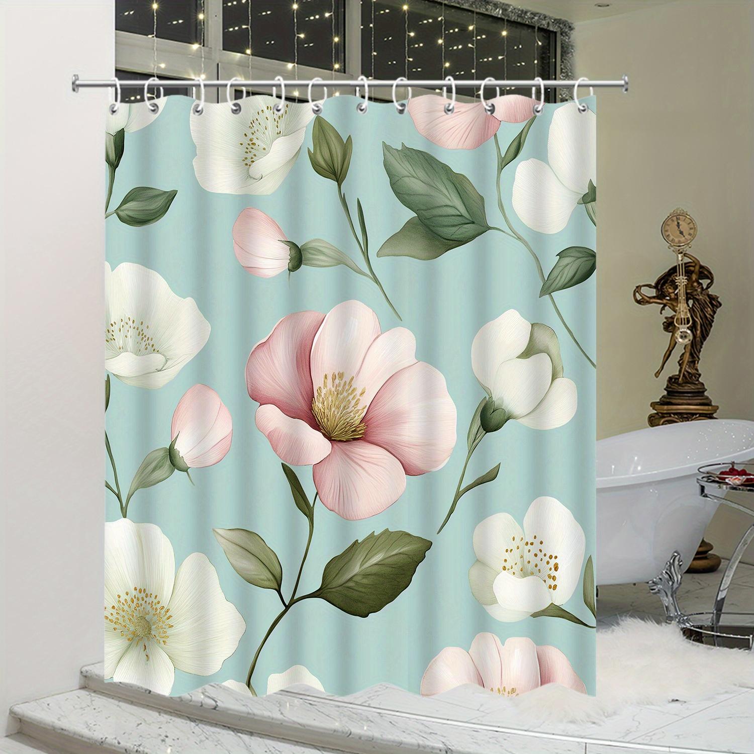 

1Pc Floral Shower Curtain - Cream, Tan, Beige, Blue, Grey, White Watercolor Flowers, 12 Hooks, Cute Farmhouse Style W60H190(CM)-1 Pcs