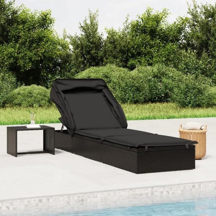 VidaXL Transat avec toit pliable noir 213x63x97 cm résine tressée, chaise longue, chaise longue d'extérieur, lit de salon, 319640