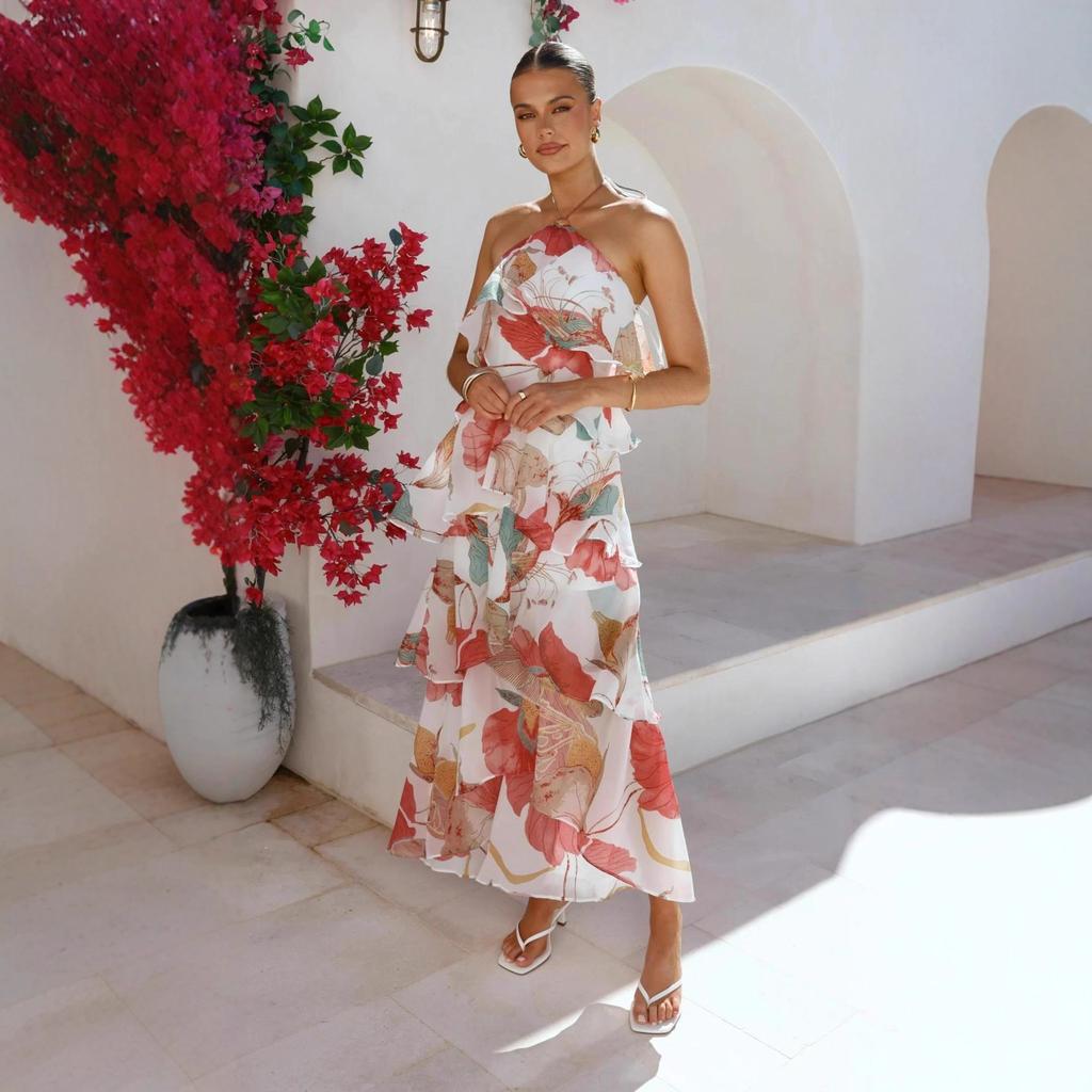 2026 New Off-Shoulder Women's Fashion Chiffon Printed Fairy Long Temperament Evening Dress Dress