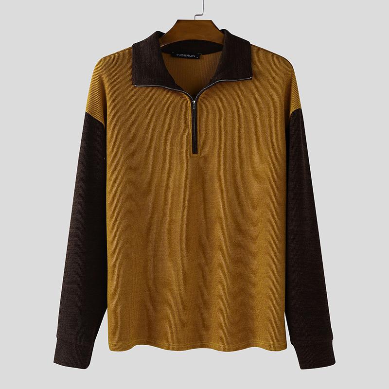 INCERUN Autumn Men Zip-up Lapel Long Sleeve Stitching Rib Knitted Pullovers Tops