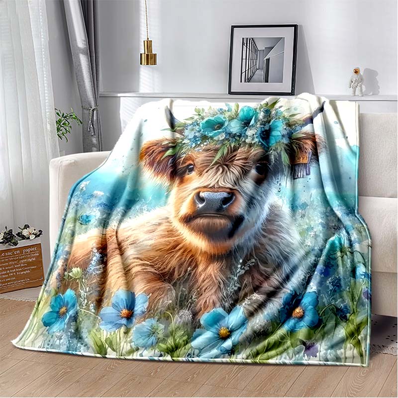 Cute Highland Cow in Purple Truck Print Flannel Blanket, Floral Farm Animal Throw Blanket 80cm x 120cm