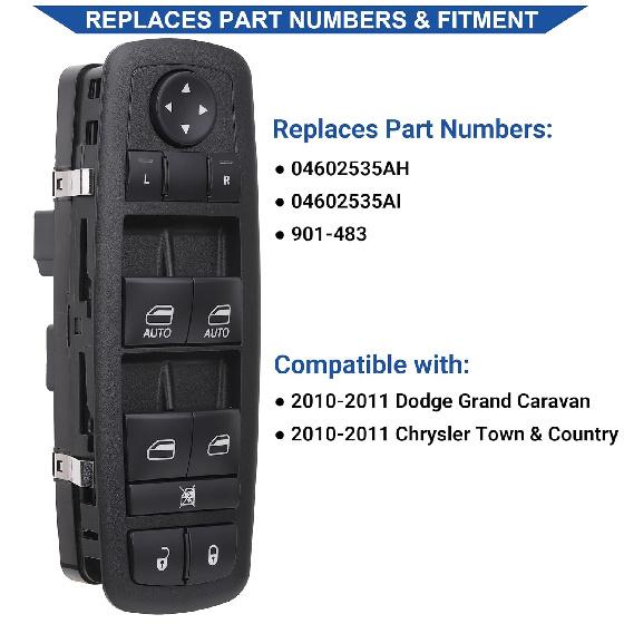 Obaee Window Switch Power Control Button Front Left Driver Side Compatible With 2010-2011 Dodge Grand Caravan/Chrysler Town & Country, Replacement