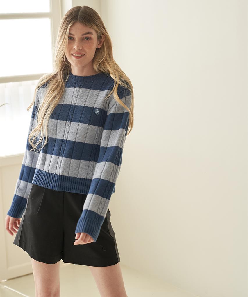 MARJE Cable Knit Stripe Merino Wool Knit Blue