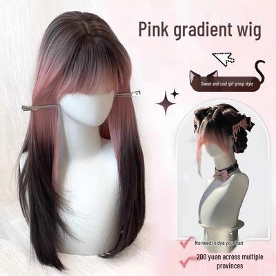 Women's Long Straight Gradient Wig – Black To Pink Highlights, Full Head Cover, Natural Look, Daily Wear