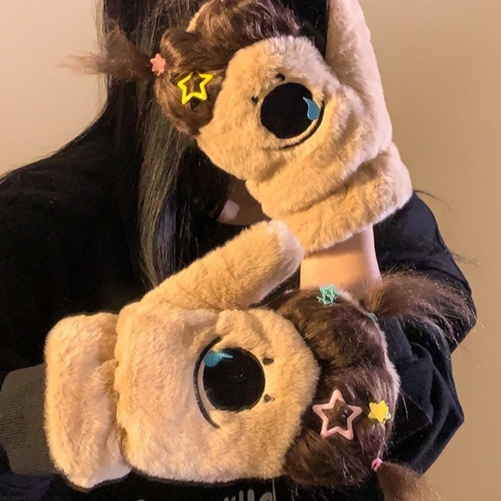 Thickened Cartoon Plush Gloves Keep Warm Full Finger Mittens Gift Neck Hanging Mittens Cycling
