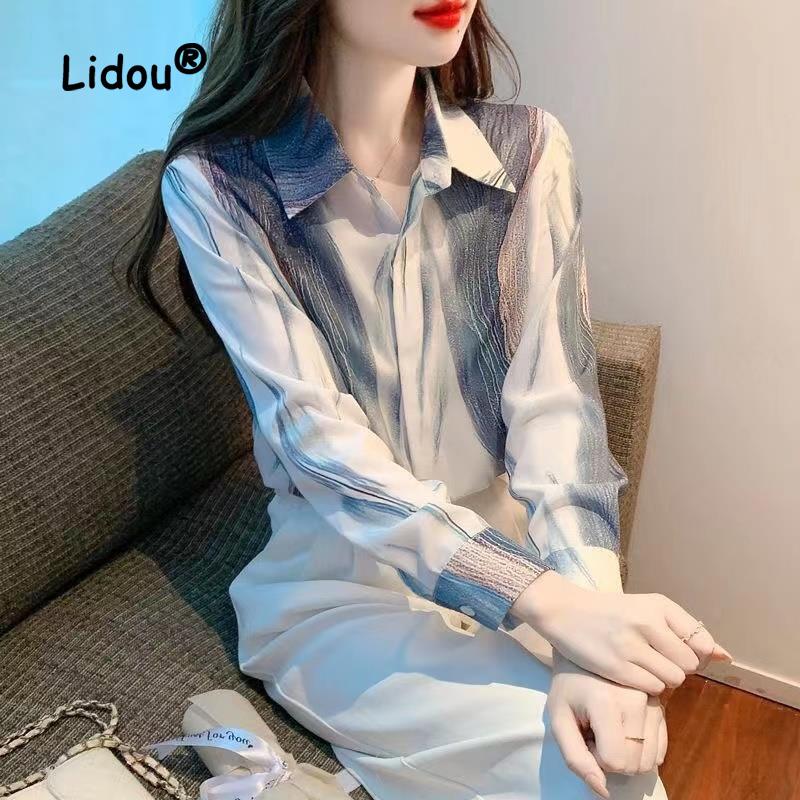 Herbst Senior Designgefühl Druck Einreihige Bluse Damen Neu Langarm Klassischer Polokragen Chiffon Pulloverhemd