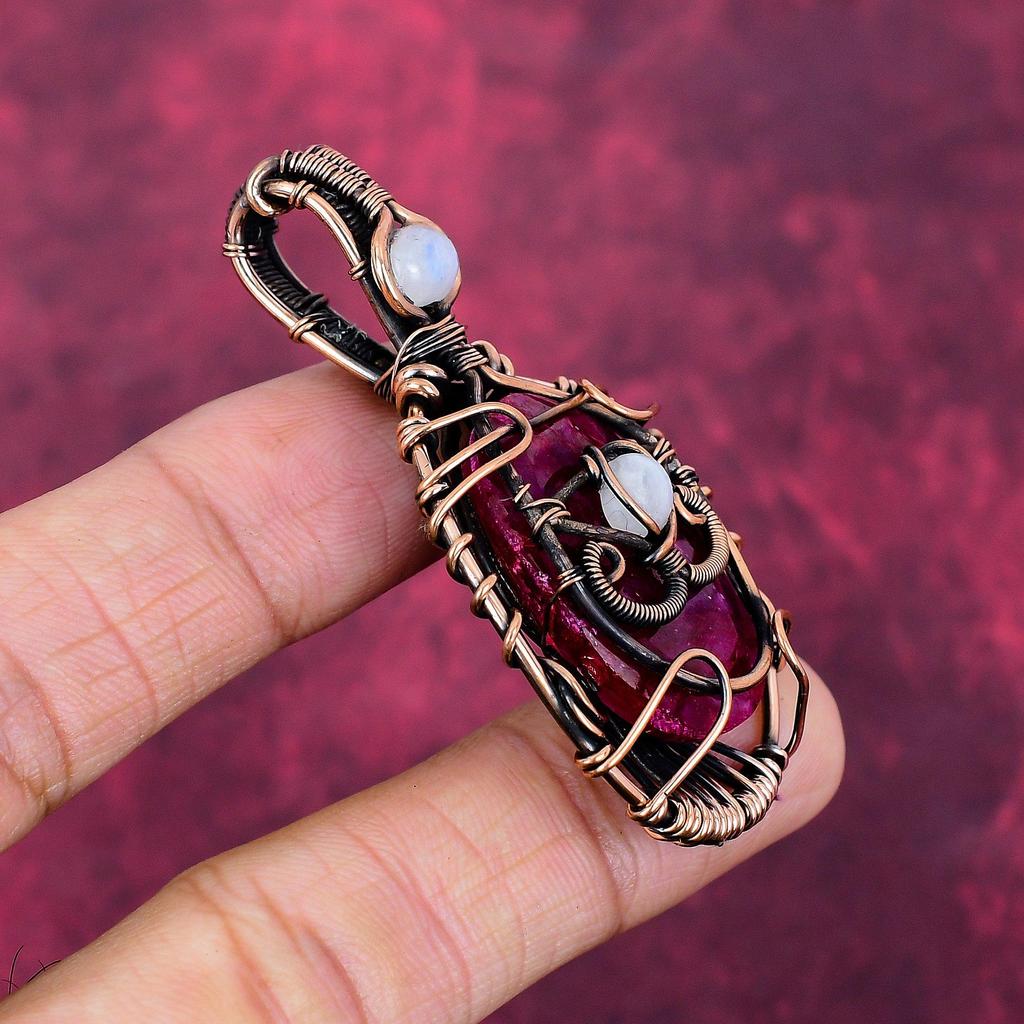 Evil Eye Faceted Kashmir Ruby Pendant Copper Wire Wrapped Gemstone Jewelry