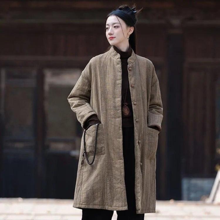 Chinesischer Stil Vintage Damen Parkas Warme Plus Size Baumwollmäntel Langarm Stehkragen Knopfleiste Hochwertige Winterjacke