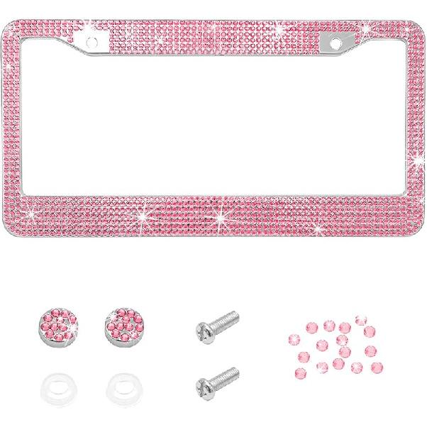 Bling Car License Plate Frame, 2 Holes Stainless Steel Sparkly Auto Tag Cover with Screws Caps, Bedazzled Rhinestone Licence Plate Holder Vehicle