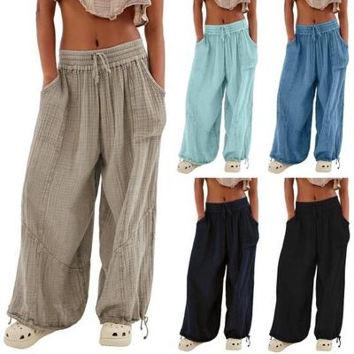Frauen Hosen Hohe Elastische Taille Kordelzug Breites Bein Lose Tiefem Schritt Plissee Knöchel-banded Taschen Einfarbig Weiche Dame Casual Hosen