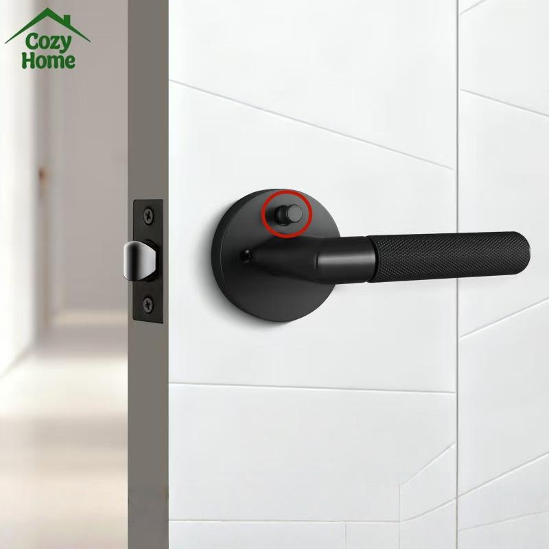Modern Entry Door Lock Handle Set Zinc Alloy Room Interior Knurled Door Lock Levers Matte Black Bedroom Door Handle