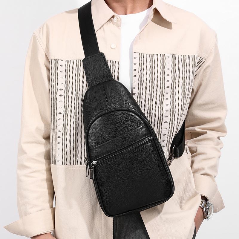 Genuine Leather Single-shoulder Bag, Chest Bag, Fashionable Solid Color Cowhide Crossbody Bag, Casual Chest Bag, Men's Bag